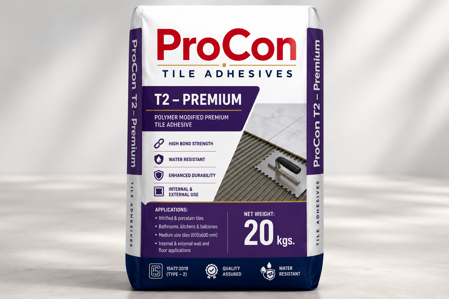 ProCon Tile Adhesives are high-performance polymer modified tile adhesives for wall and floor applications, interior, wet area, and exterior solutions manufactured as per IS 15477:2019 standards.