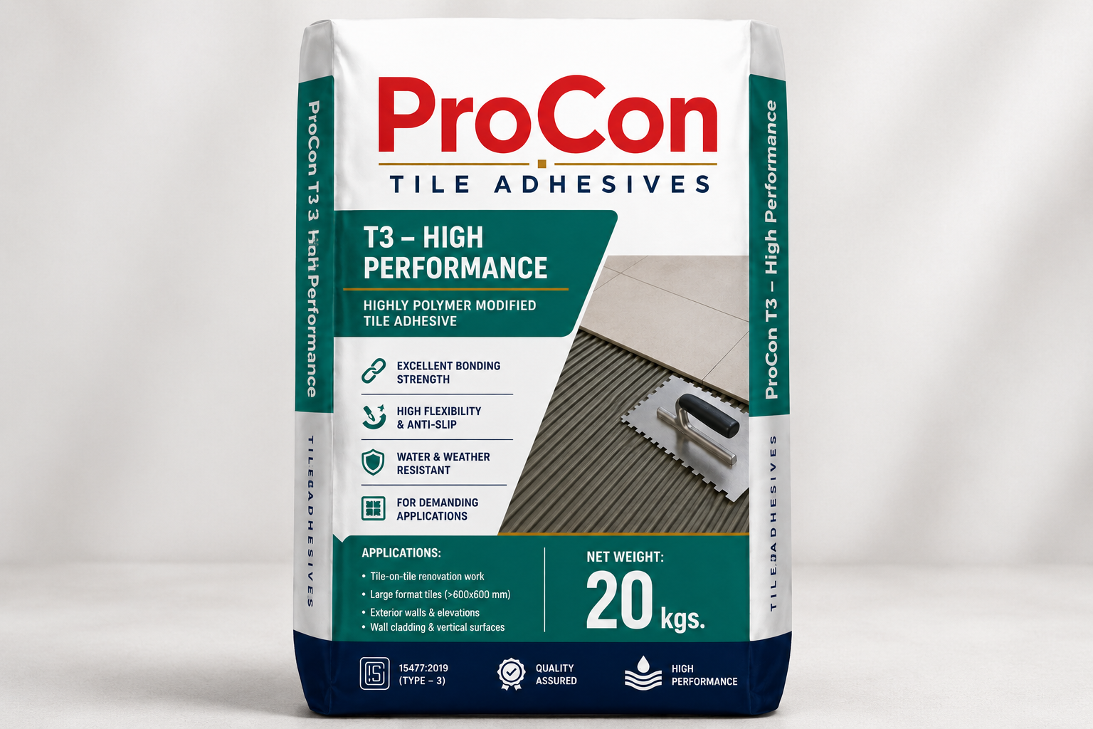 ProCon T3 high performance tile adhesive for large format tiles and exterior wall applications ProCon tile adhesive range T1 T2 T3 T4 manufactured as per IS 15477:2019 standards